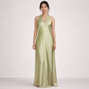 Show Me Your Mumu Sage Green Satin Halter Open Back Maxi Bridesmaid Dress Small